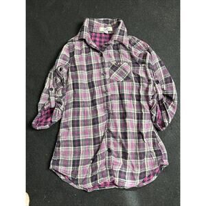 L.E.I Shirt Womens Size Medium Pink Purple Flannel Button Up